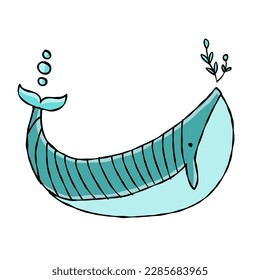 Funny wild whale character. Childish style icon, turquoise colors. Isolated on white for your design