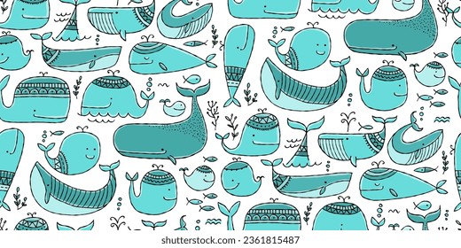 Funny wild whales family. Childish style, turquoise colors. Seamless pattern background for your design