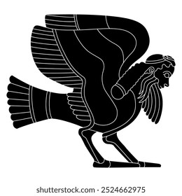 Funny winged bird man. Ancient Greek male siren or harpy. Fantastic mythological creature. Vase painting style. Black and white silhouette.