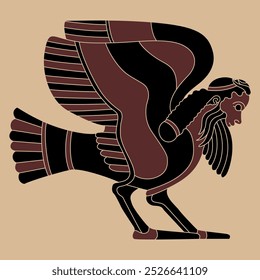 Funny winged bird man. Ancient Greek male siren or harpy. Fantastic mythological creature. Vase painting style.