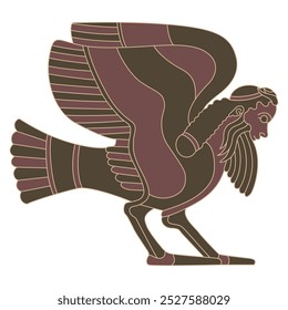 Funny winged bird man. Ancient Greek male siren or harpy. Fantastic mythological creature. Vase painting style. Isolated vector illustration.