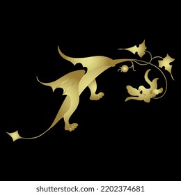 Funny winged dragon with floral motifs. Medieval Gothic illuminated manuscript design. Golden glossy silhouette on black background.