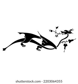 Funny winged dragon with floral motifs. Medieval Gothic illuminated manuscript design. Black and white negative silhouette.