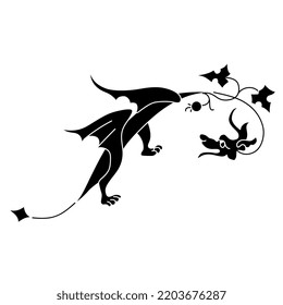 Funny winged dragon with floral motifs. Medieval Gothic illuminated manuscript design. Black and white negative silhouette.