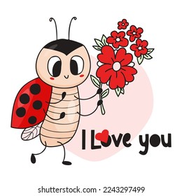 Alarma divertida de insectos alados con flor. Tarjeta de San Valentín con una linda mariquita. Te amo. Ilustración vectorial. Estilo de doodle dibujado a mano