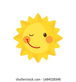 Funny winking Sun icon in flat style isolated on white background. Smiling cartoon sun. Vector illustration.
