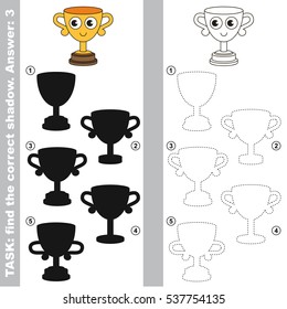 Funny Winner Cup with different shadows to find the correct one. Compare and connect object with it true shadow. Easy educational kid gaming. Simple level of difficulty, visual game for children.