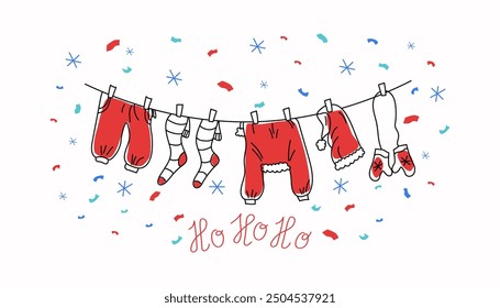 Anuncio de invierno divertido, letras Ho Ho Ho. Ropa de Santa. Copos de nieve, confeti. Navidades lindas, dibujos de doodle del año Nuevo. Dibujado a mano. Fondo aislado. Ilustración vectorial.