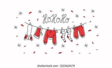 Funny winter banner with Santa clothes. Christmas, New Year vector drawings in doodle style. Hand drawing. Isolated background. Vector illustration.
