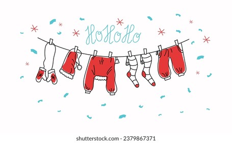 Funny winter banner with Santa clothes. Christmas, New Year vector drawings in doodle style. Hand drawing. Isolated background. Vector illustration.