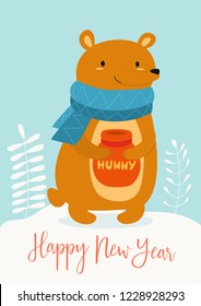 Funny winter card with cartoon bear and honey. Vector illustration with text. New Year's poster.