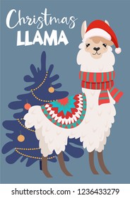 Funny winter card with a cartoon llama Vector Christmas illustration with text. New Year's poster.