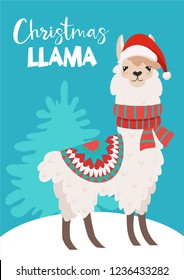 Funny winter card with a cartoon llama. Vector Christmas illustration with text. New Year's poster.