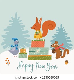 Funny winter card with a cartoon squirrel, dove, chipmunk and gifts. Vector illustration with text. New Year's poster.