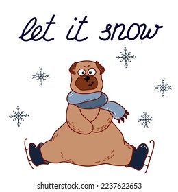 Funny winter card with cute animal with sport equipment. Vector illustration and lettering