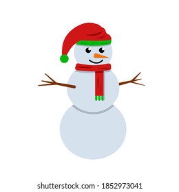 Funny winter cartoon character. White snowman in a red hat and scarf. Snowman isolated on a white background. Stock vector illustration.