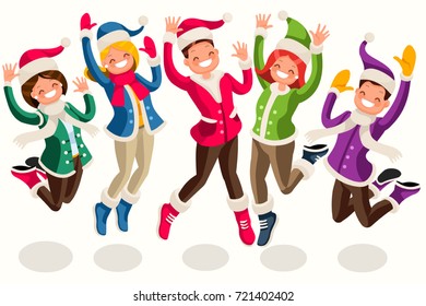 Funny winter cartoon scene. Sport outdoor christmas party vector flat illustration. Cartoon male and female people jumping for joy having active rest and joyful pastime in resort