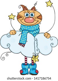 Funny winter cat holding a cloud with stars
