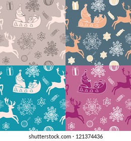 Funny winter christmas vector set of 4 seamless patterns
