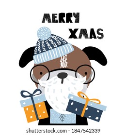 Funny winter graphic with Santa dog. Hand drawn vector illustration.