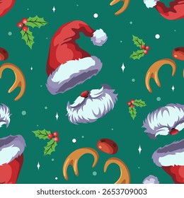Funny winter hats seamless pattern. Repeated christmas accessories, santa hat with beard, deer antlers and red nose. Decor textile, xmas wrapping, wallpaper. Print for fabric vector background
