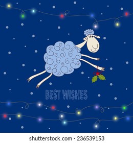 Funny winter holiday background with hand-drawing best wishes and blue cartoon cute sheep, the symbol of the new year of the sheep