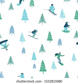 Funny winter holiday background. Seamless pattern with skiing and snowboarding people.