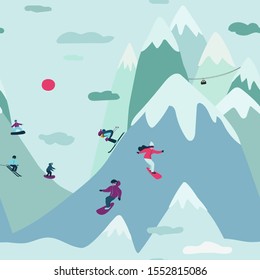 Funny winter holiday background. Seamless pattern with skiing and snowboarding people in the mountains.