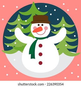 Funny winter holidays card background with snowman, fir and snowflakes. Christmas and happy new year time theme. Handmade illustration for design t-shirt, card, invitation, poster, album etc. 