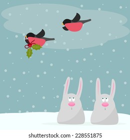 Funny winter holidays card background with cute cartoon rabbits and with bullfinches bearing a branch of Holly