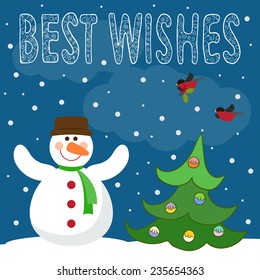 Funny winter holidays card background with hand-drawing best wishes, cute snowman, fir, bullfinches and snowflakes