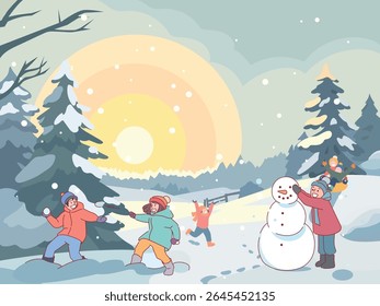 Funny winter outdoor activities. Children enjoying snow in nature, cold season games, snowman modeling together, kids snowballs fight, boy and girl sledding, cartoon isolated vector concept