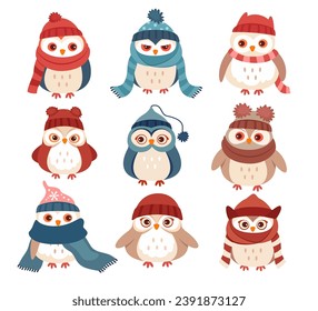 Funny winter owls flat cartoon characters wearing warm knitted hat and scarf isolated set vector illustration. Cute forest night bird mascot collection on white background for decoration design