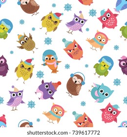 Funny winter owls vector seamless pattern. Christmas holiday background. Illustration of wild xmas owl and snow