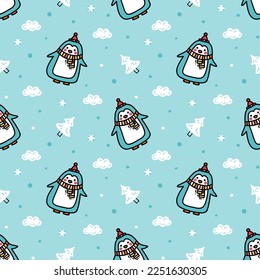 Funny winter pattern with cute baby penguins in snowy forest. Seamless vector background for kids textile, cover, wrapping paper