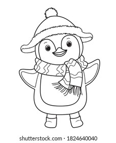 Divertido pingüino de invierno para colorear libro. Diseño de líneas de arte para niños coloreando página. Ilustración vectorial. Aislado sobre fondo blanco