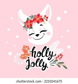 Funny winter rabbit and inscription Holly Jolly. Christmas and new year card. Symbol 2023