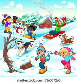 Funny winter scene with children and dogs. Cartoon vector illustration