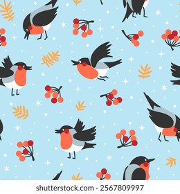Funny winter seamless pattern with bullfinches branches and rowan berries on blue with snow background. Vector illustration for kids, for New Year and Christmas projects.