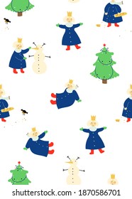 Funny  winter seamless pattern with little princess and her Christmas. Winter celebration  outside  on  the white snow background. Simple and stylish Scandinavian repeat texture.
