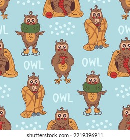 Funny winter seamless pattern with owls. Cozy festive endless background with animals in clothes. Repeat vector illustration with winter birds for kids, greeting, Christmas