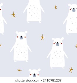 Funny winter seamless pattern with polar bear and stars. Kids print. Vector hand drawn illustration.