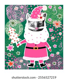 Funny winter vector animal halftone collage, Cute cat Santa Claus with beard and Christmas tree