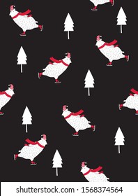 Funny Winter Vector Pattern with White Polar Bear Ice Skating. Cute Teddy Bear in a Hat and a Scarf. Lovely Winter Print Ideal for Poster, Wall Art, Invitation, Card, Greeting, Fabric, Wrapping Paper.