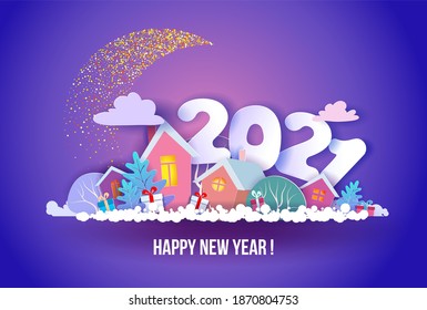 Funny winter village with big sparkling moon and digits 2021 at night. Christmas card. Happy new Year 2021 design. Paper cut art. Vector illustration