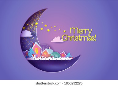 Funny winter village at the night inside of crescent moon. Merry Christmas card. Paper cut art. Vector illustration