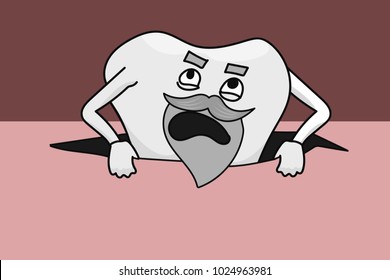 Funny wisdom tooth with gray beard growing out of jaw. Eps vector illustration