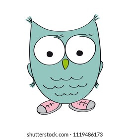 Funny wise owl wearing shoes - original hand drawn illustration