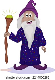 Funny wise Wizard Smiling and Holding Magic Wand