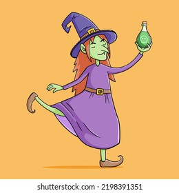 funny witch ballet pose with potion on her hand
